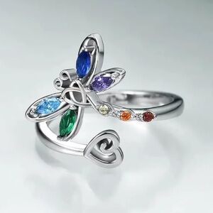 Dragonfly and Heart Ring silver Tone with Multicolored Rhinestones Adjus…
